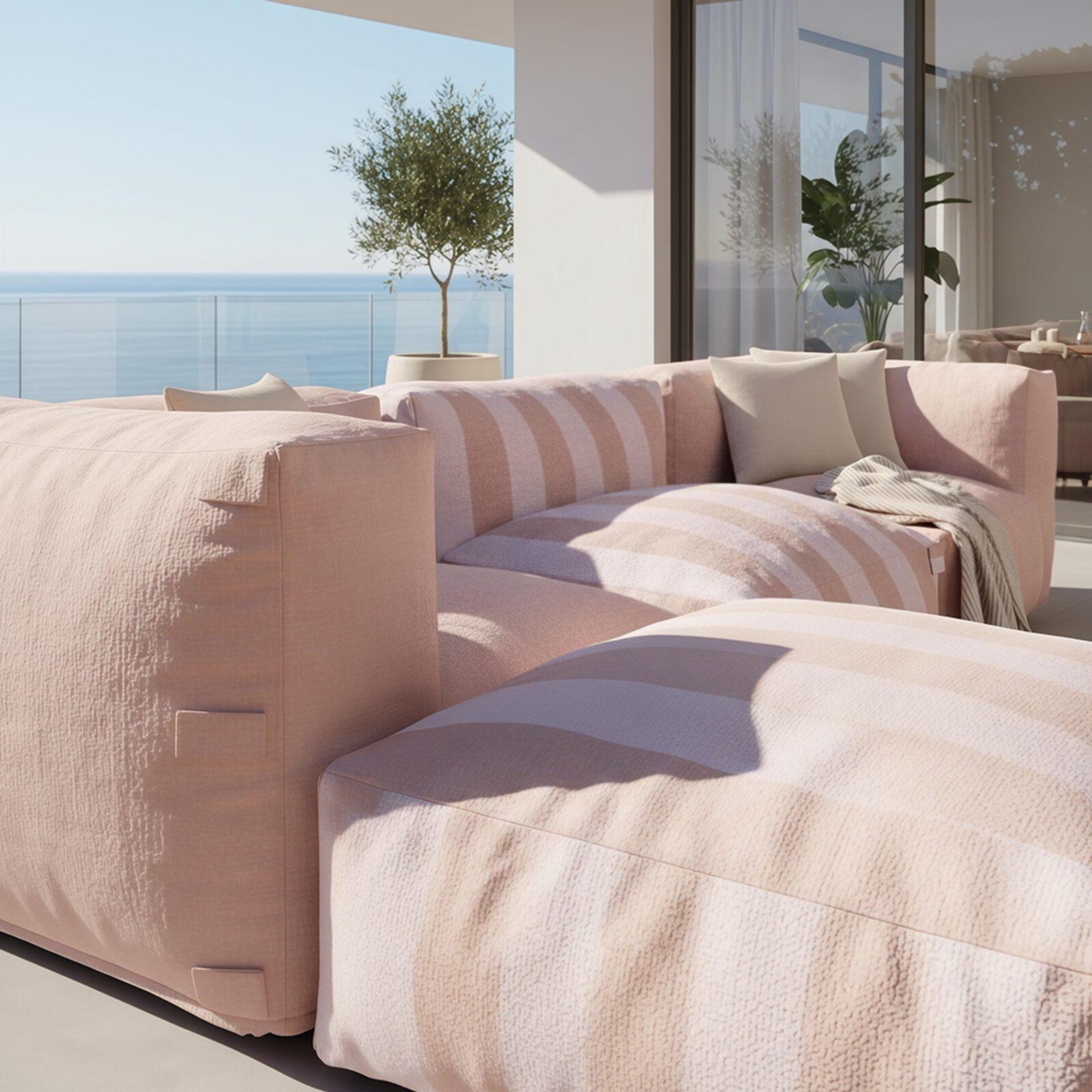 Modulare Gartenmöbel für 4 Personen bestehend aus 1 Sessel, 2 Ecksesseln und 1 Ottomane im gestreiften Design