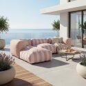 Modulare Gartenmöbel für 4 Personen bestehend aus 1 Sessel, 2 Ecksesseln und 1 Ottomane im gestreiften Design