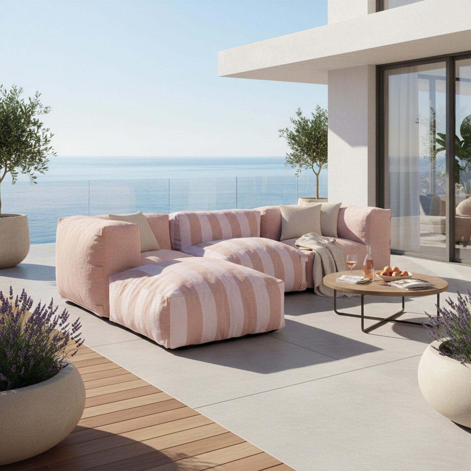 Modulare Gartenmöbel für 4 Personen bestehend aus 1 Sessel, 2 Ecksesseln und 1 Ottomane im gestreiften Design
