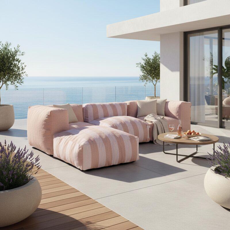 Modulare Gartenmöbel für 4 Personen bestehend aus 1 Sessel, 2 Ecksesseln und 1 Ottomane im gestreiften Design