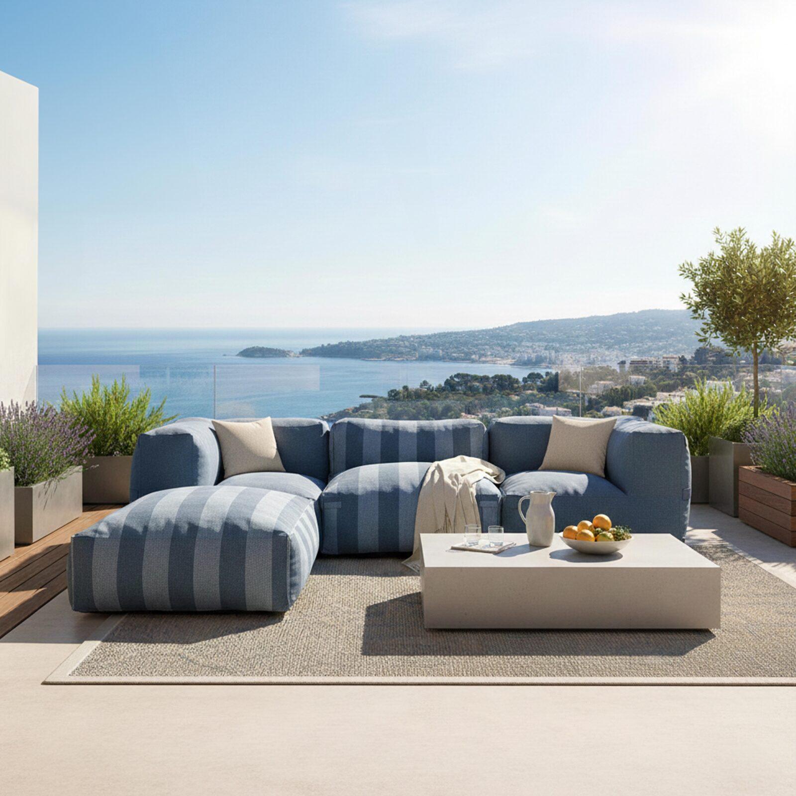 Modulare Gartenmöbel für 4 Personen bestehend aus 1 Sessel, 2 Ecksesseln und 1 Ottomane im gestreiften Design