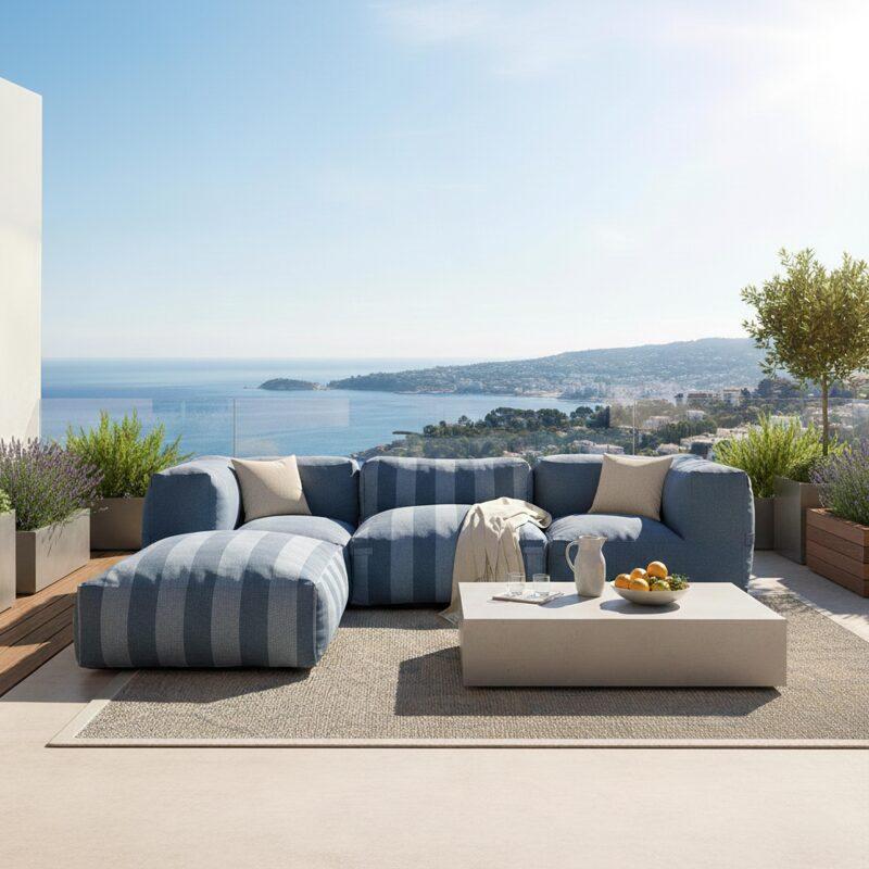 Modulare Gartenmöbel für 4 Personen bestehend aus 1 Sessel, 2 Ecksesseln und 1 Ottomane im gestreiften Design