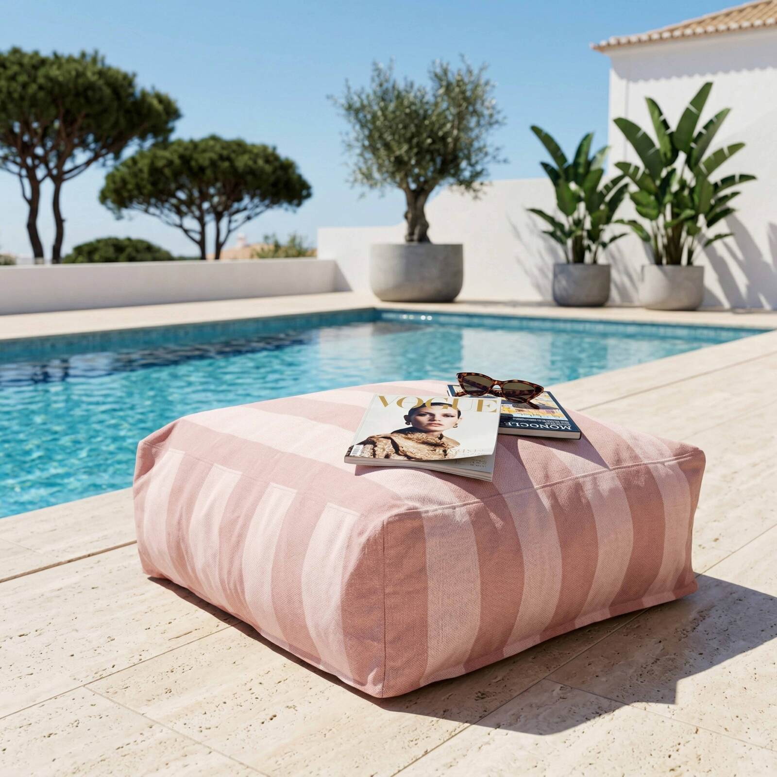Modulare Gartenmöbel für 4 Personen bestehend aus 1 Sessel, 2 Ecksesseln und 1 Ottomane im gestreiften Design