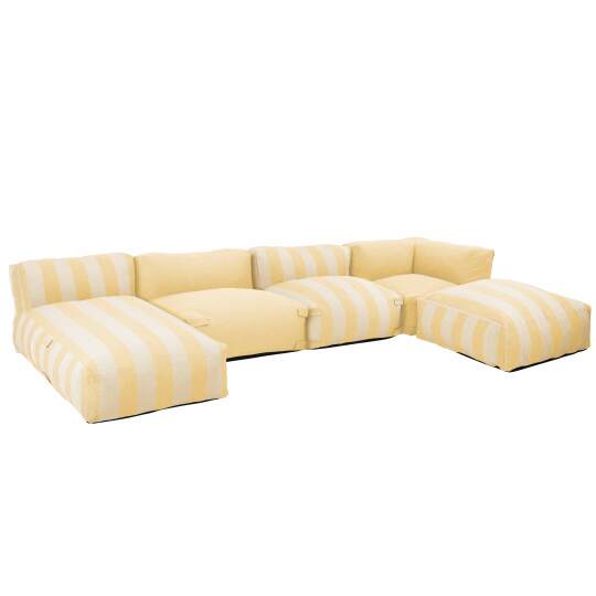 Modulare Gartenmöbel für 5 Personen bestehend aus 2 Kaminstühlen, 1 Ecksessel, 1 Chaiselongue und 1 Hocker im gestreiften Design
