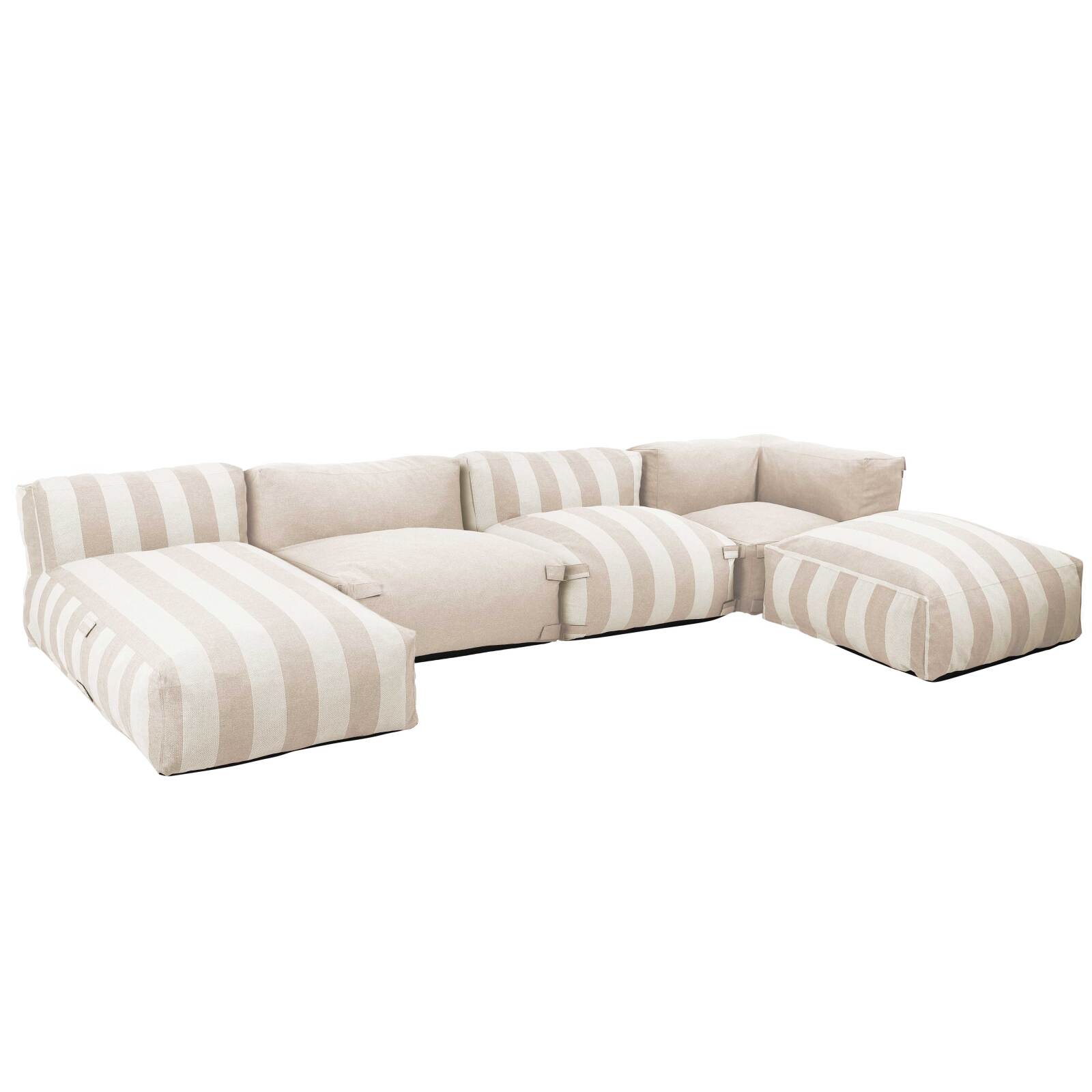 Modulare Gartenmöbel für 5 Personen bestehend aus 2 Kaminstühlen, 1 Ecksessel, 1 Chaiselongue und 1 Hocker im gestreiften Design
