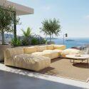 Modulare Gartenmöbel für 5 Personen bestehend aus 2 Kaminstühlen, 1 Ecksessel, 1 Chaiselongue und 1 Hocker im gestreiften Design
