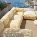 Modulare Gartenmöbel für 5 Personen bestehend aus 2 Kaminstühlen, 1 Ecksessel, 1 Chaiselongue und 1 Hocker im gestreiften Design