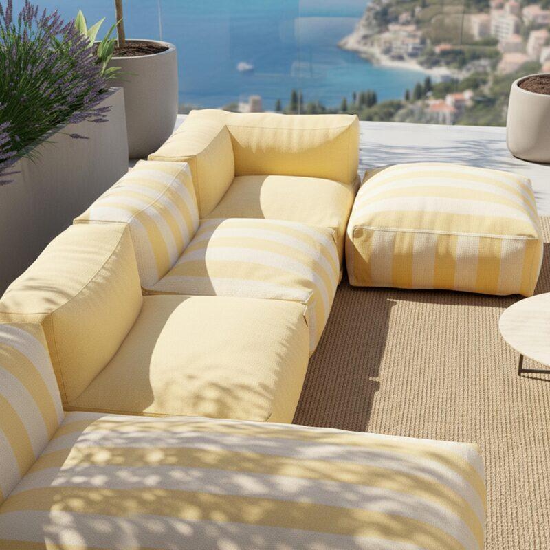 Modulare Gartenmöbel für 5 Personen bestehend aus 2 Kaminstühlen, 1 Ecksessel, 1 Chaiselongue und 1 Hocker im gestreiften Design (2/7)