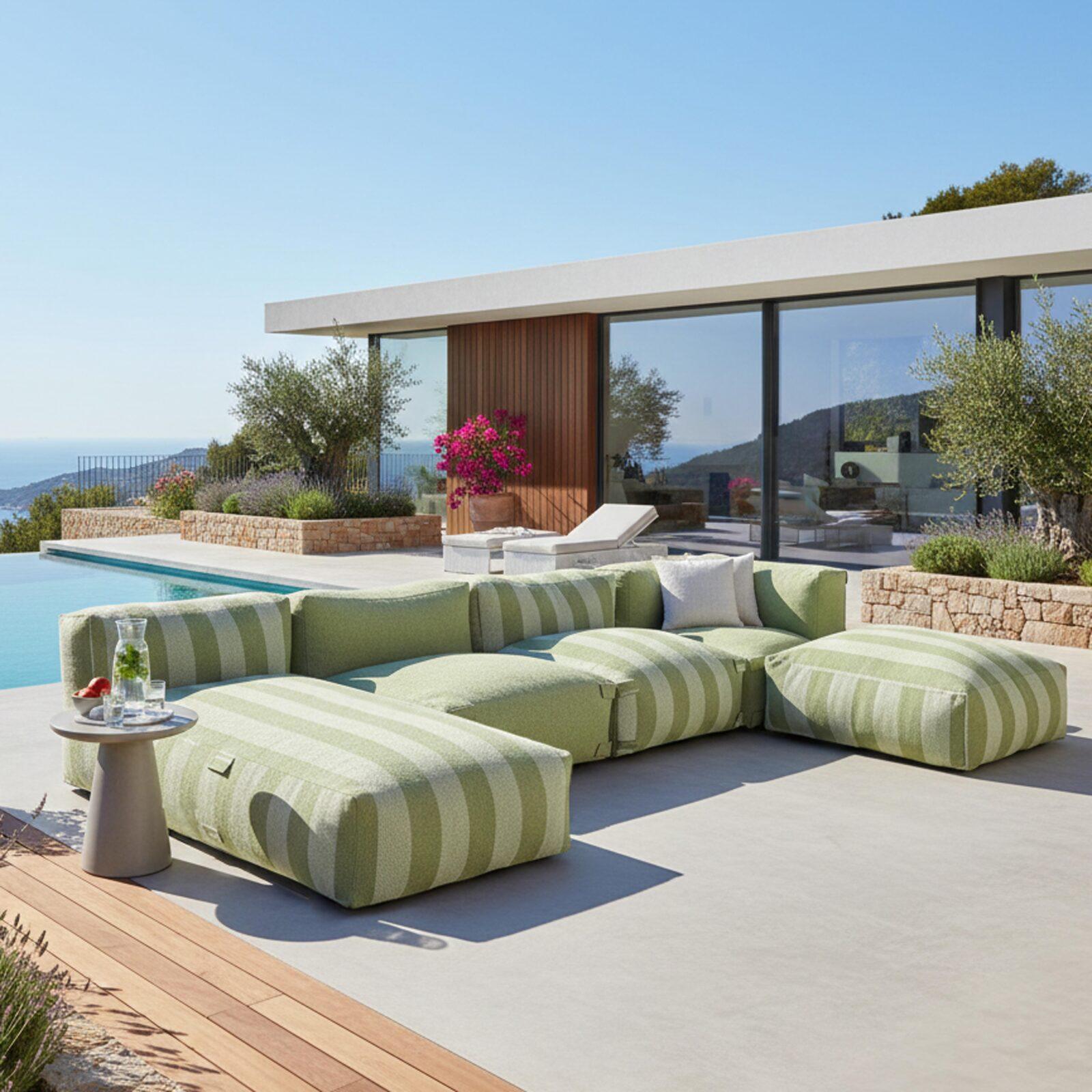 Modulare Gartenmöbel für 5 Personen bestehend aus 2 Kaminstühlen, 1 Ecksessel, 1 Chaiselongue und 1 Hocker im gestreiften Design