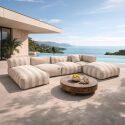 Modulare Gartenmöbel für 5 Personen bestehend aus 2 Kaminstühlen, 1 Ecksessel, 1 Chaiselongue und 1 Hocker im gestreiften Design