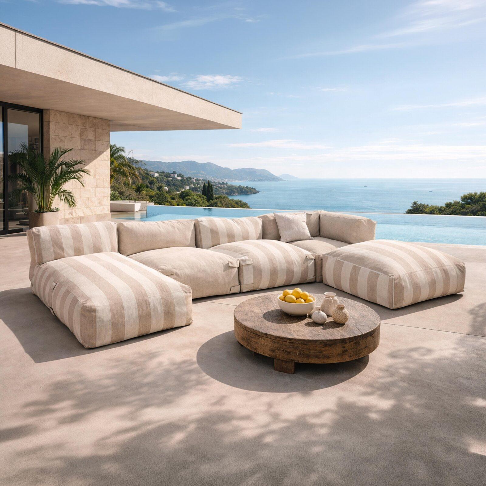 Modulare Gartenmöbel für 5 Personen bestehend aus 2 Kaminstühlen, 1 Ecksessel, 1 Chaiselongue und 1 Hocker im gestreiften Design