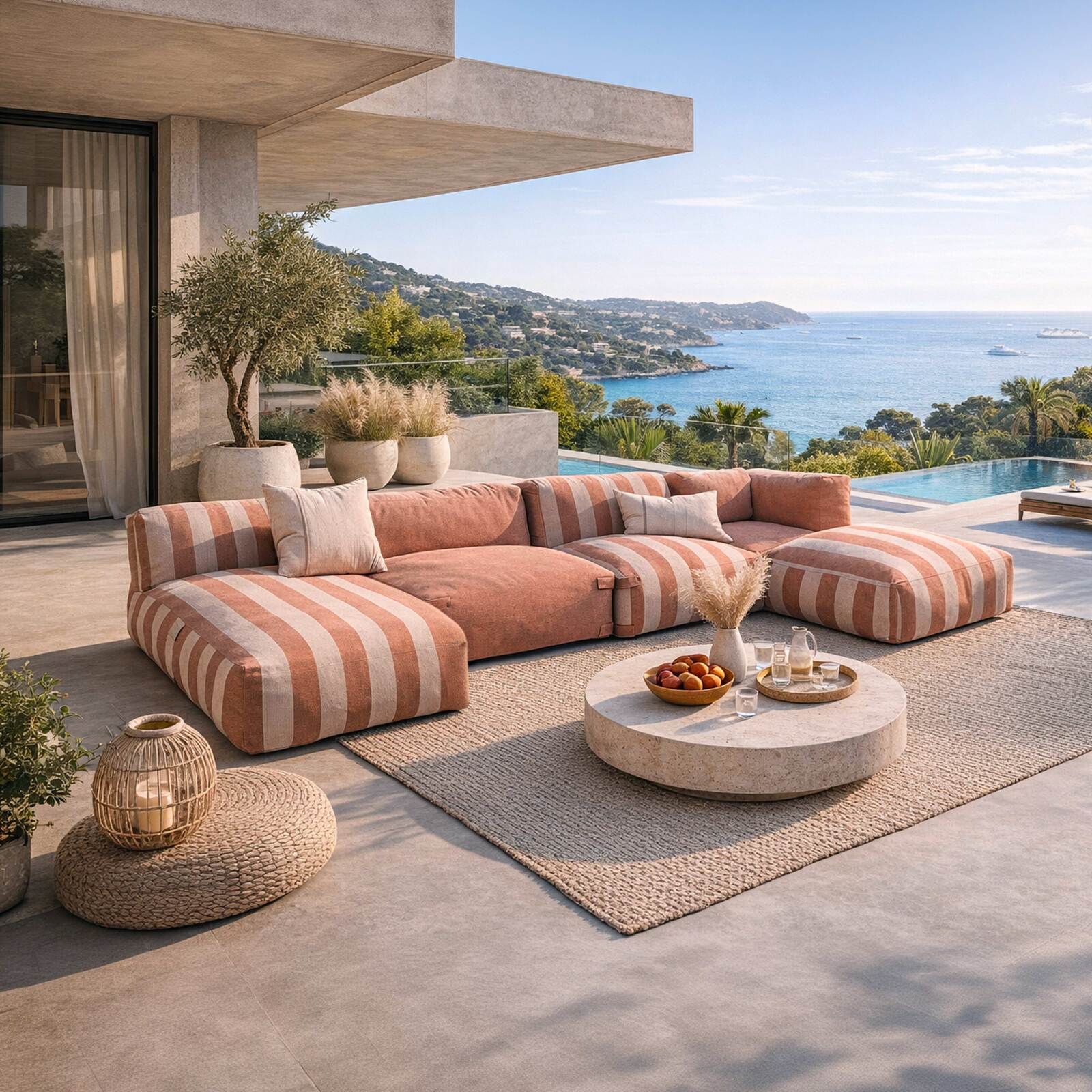 Modulare Gartenmöbel für 5 Personen bestehend aus 2 Kaminstühlen, 1 Ecksessel, 1 Chaiselongue und 1 Hocker im gestreiften Design