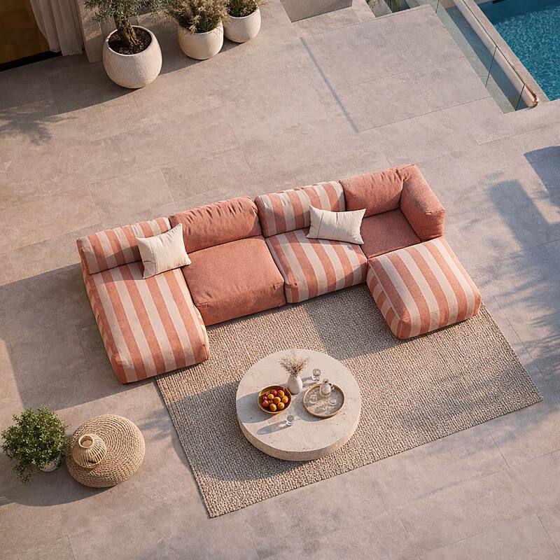 Modulare Gartenmöbel für 5 Personen bestehend aus 2 Kaminstühlen, 1 Ecksessel, 1 Chaiselongue und 1 Hocker im gestreiften Design (2/7)