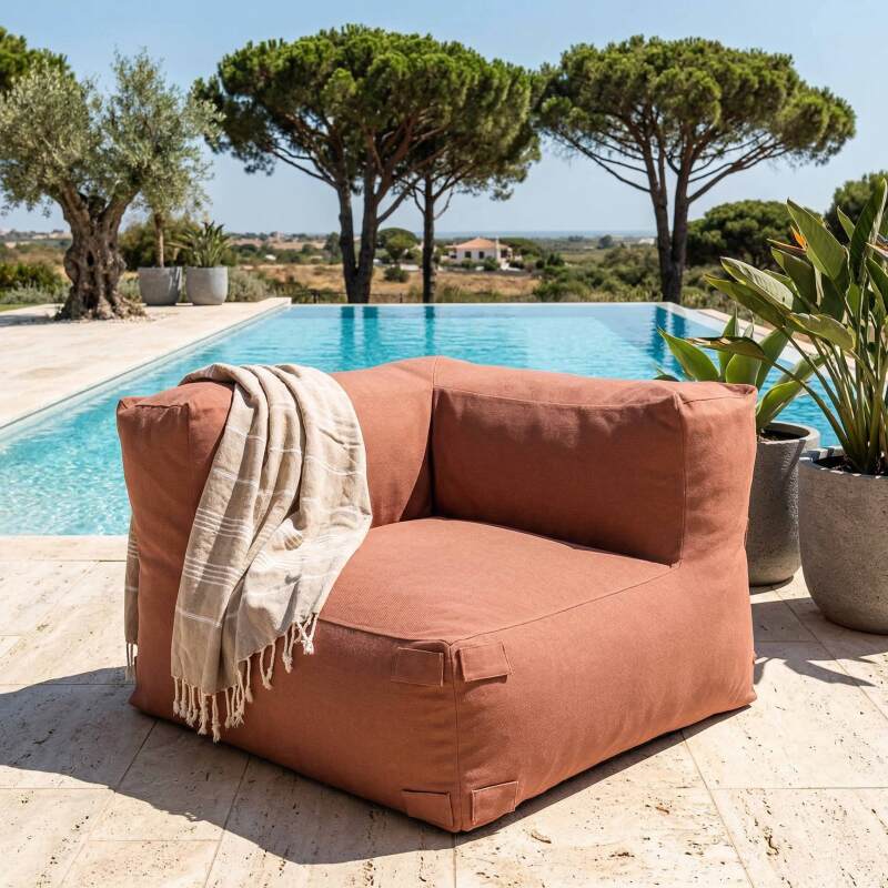 Modulare Gartenmöbel für 4 Personen bestehend aus 1 Sessel, 2 Ecksesseln und 1 Ottomane im gestreiften Design (5/7)
