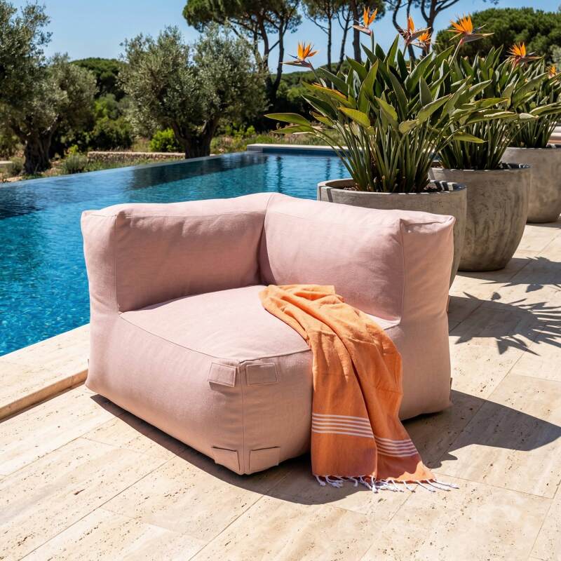 Modulare Gartenmöbel für 4 Personen bestehend aus 1 Sessel, 2 Ecksesseln und 1 Ottomane im gestreiften Design (5/7)