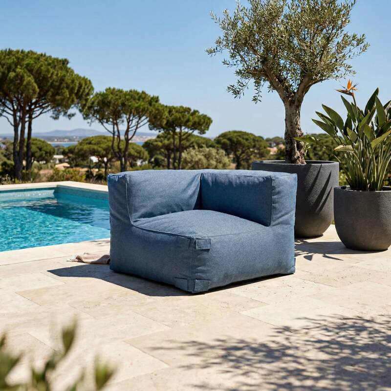 Modulare Gartenmöbel für 4 Personen bestehend aus 1 Sessel, 2 Ecksesseln und 1 Ottomane im gestreiften Design (5/7)
