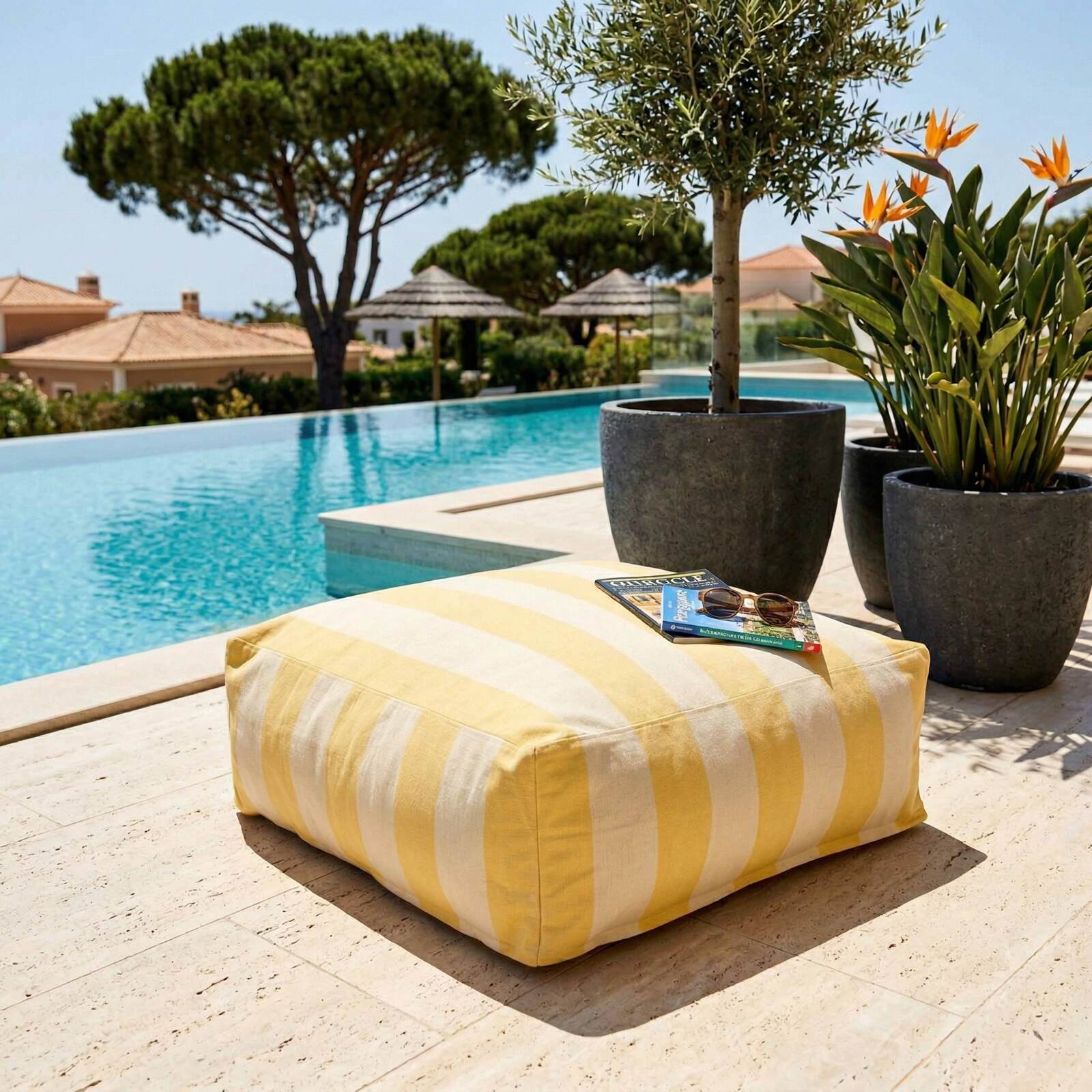 Modulare Gartenmöbel für 5 Personen bestehend aus 2 Kaminstühlen, 1 Ecksessel, 1 Chaiselongue und 1 Hocker im gestreiften Design