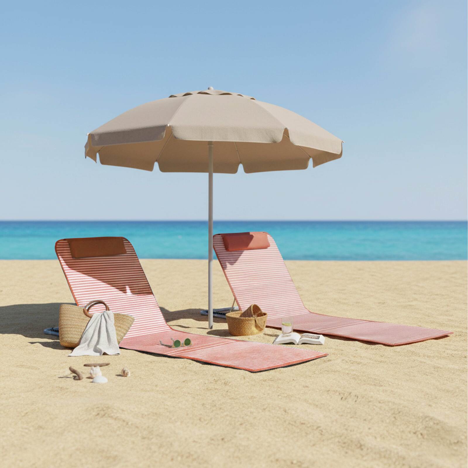 Set mit 2 gestreiften, faltbaren Strandliegen, 5 Liegepositionen