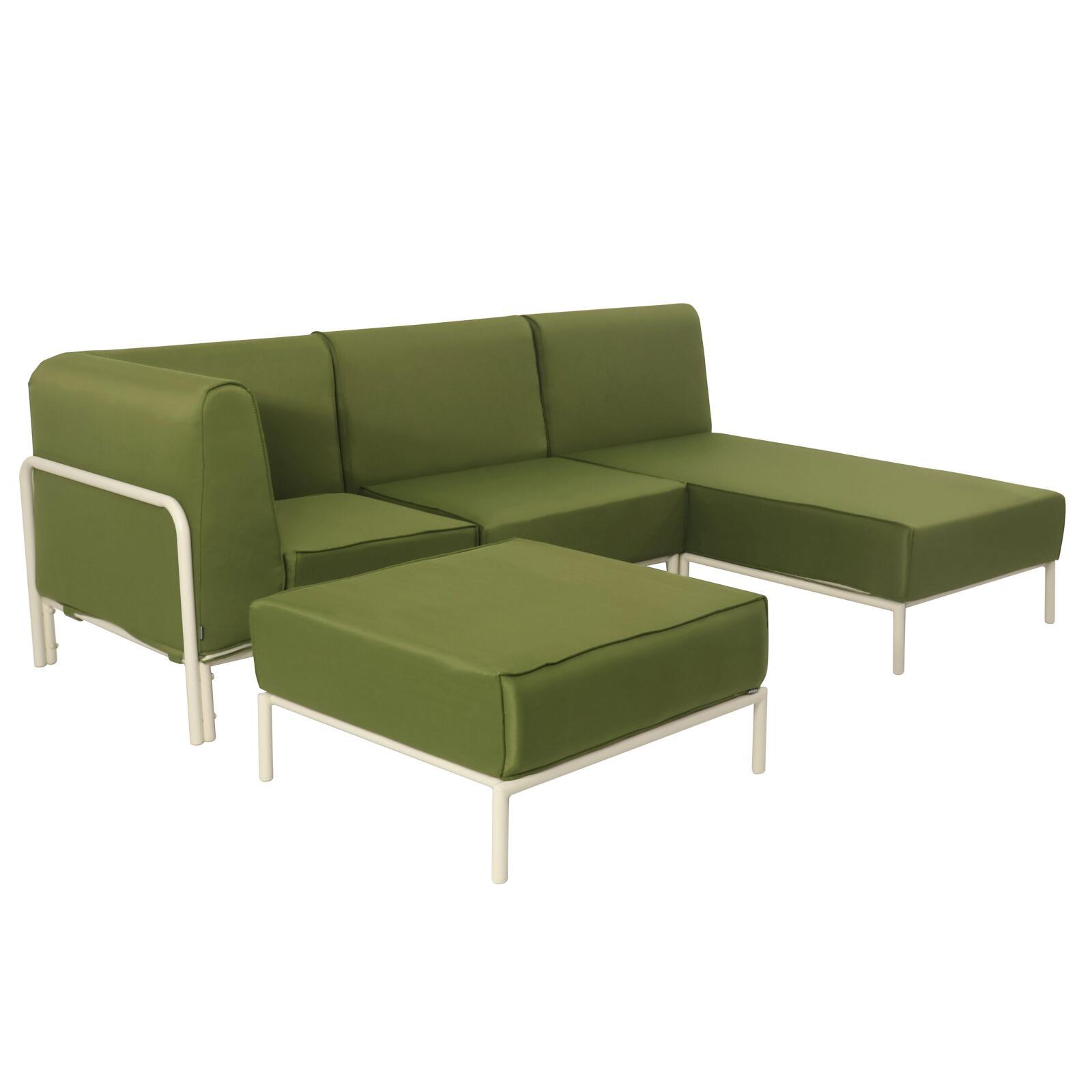 Modulare Gartenmöbel für 4 Personen bestehend aus 1 Sessel, 1 Ecksessel, 1 Chaiselongue und 1 Sitzsack