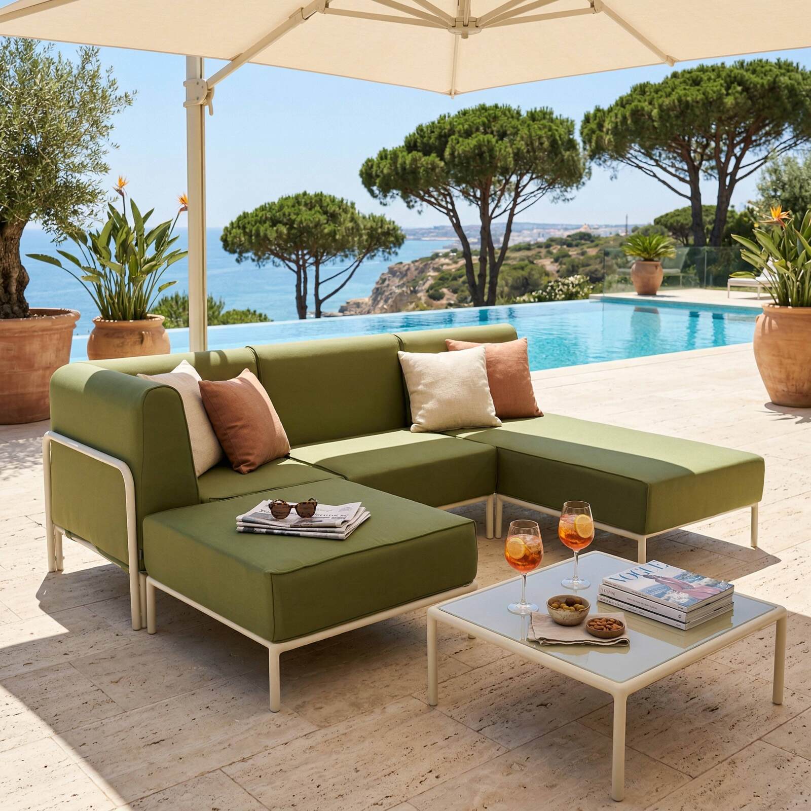 Modulare Gartenmöbel für 4 Personen bestehend aus 1 Sessel, 1 Ecksessel, 1 Chaiselongue und 1 Sitzsack