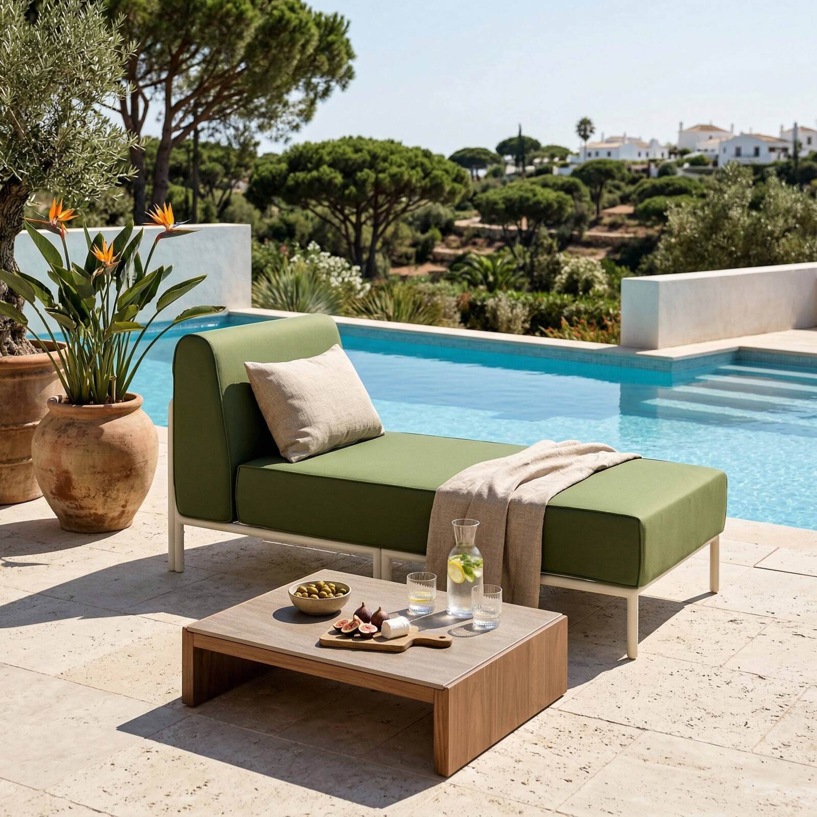 Modulare Gartenmöbel für 4 Personen bestehend aus 1 Sessel, 1 Ecksessel, 1 Chaiselongue und 1 Sitzsack