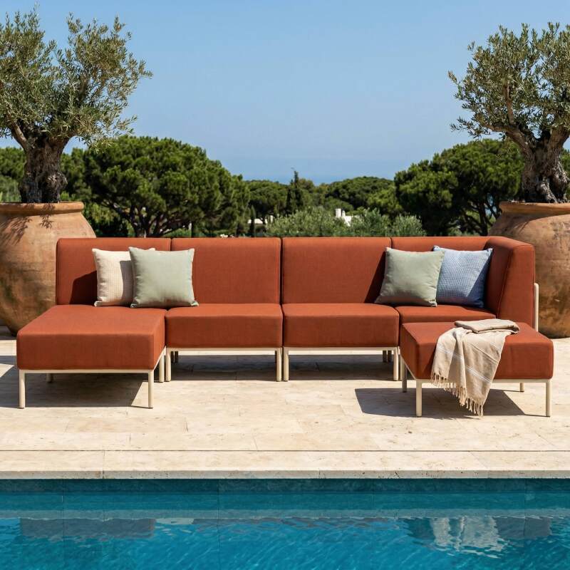 Modulare Gartenmöbel für 5 Personen bestehend aus 2 Sesseln, 1 Ecksessel, 1 Chaiselongue und 1 Sitzsack (2/7)