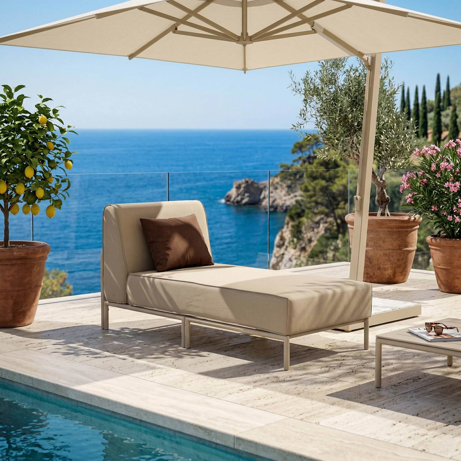 Modulare Gartenmöbel für 5 Personen bestehend aus 2 Sesseln, 1 Ecksessel, 1 Chaiselongue und 1 Sitzsack