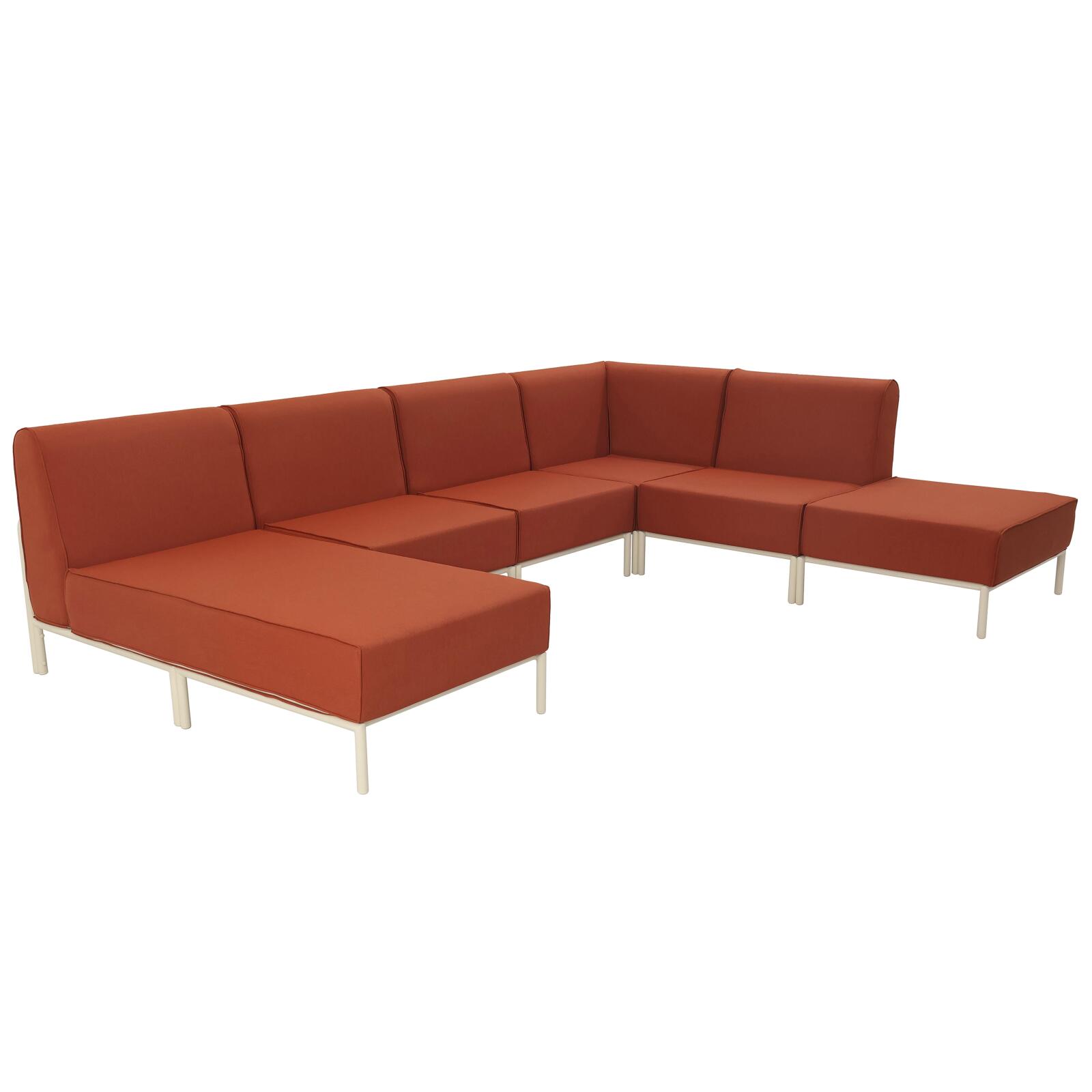 Modulare Gartenmöbel für 6 Personen bestehend aus 3 Sesseln, 1 Ecksessel, 1 Chaiselongue und 1 Sitzsack