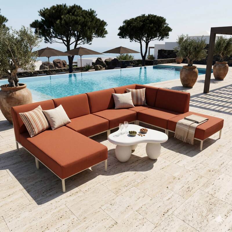 Modulare Gartenmöbel für 6 Personen bestehend aus 3 Sesseln, 1 Ecksessel, 1 Chaiselongue und 1 Sitzsack
