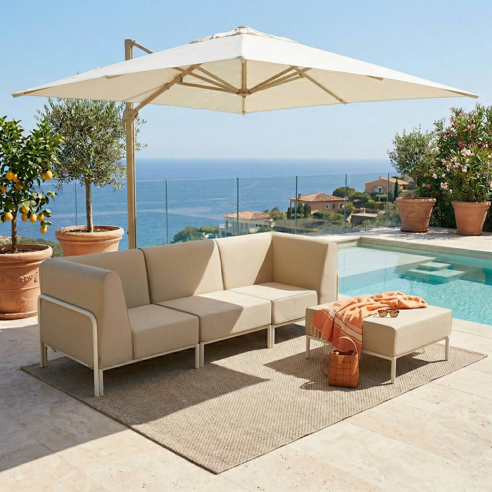 Modulare Gartenmöbel für 4 Personen bestehend aus 1 Sessel, 2 Ecksesseln und 1 Sitzsack 