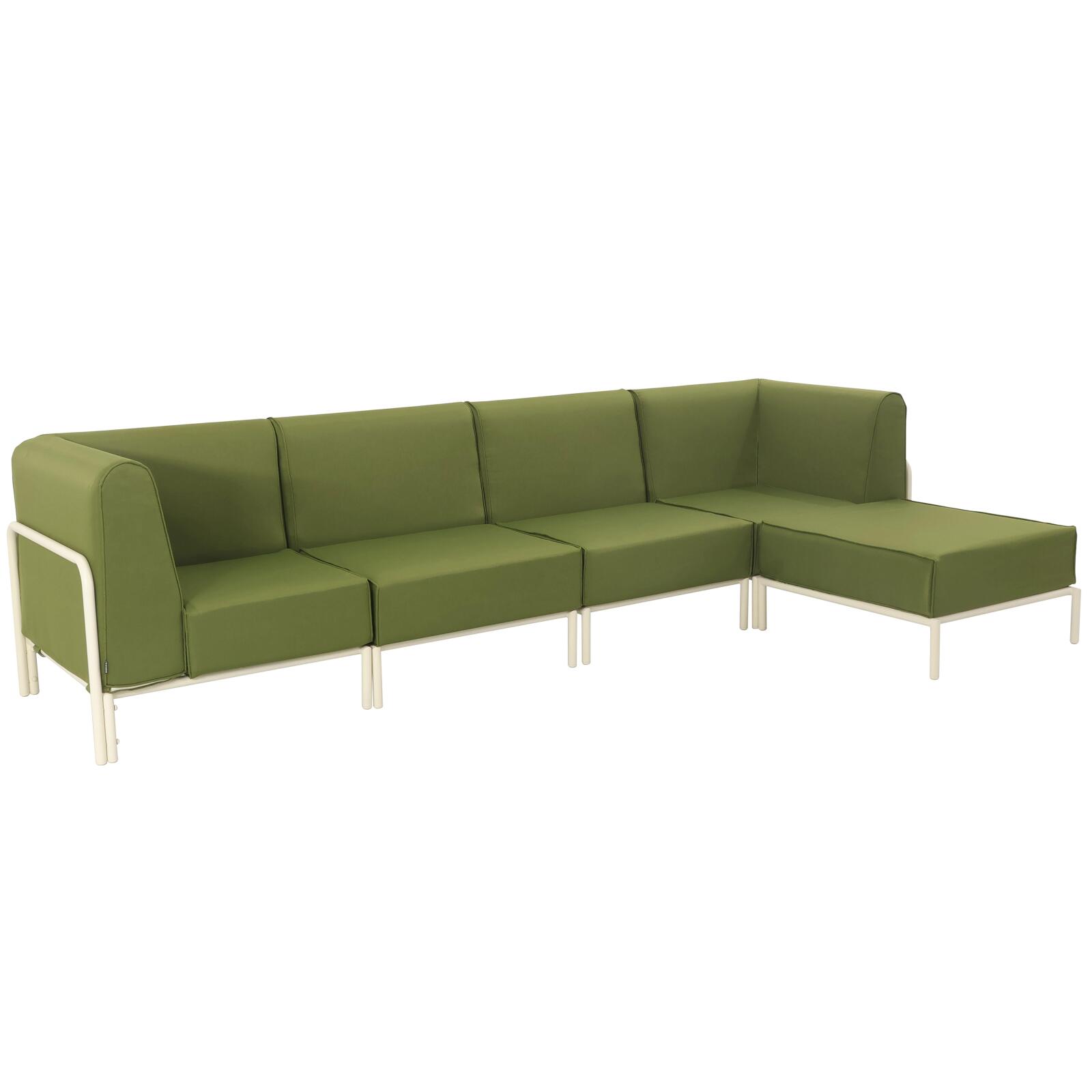 Modulare Gartenmöbel für 5 Personen bestehend aus 2 Sesseln, 2 Ecksesseln und 1 Sitzsack