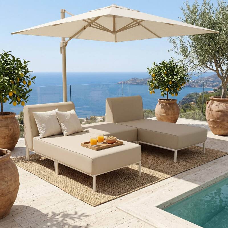 Modulare Gartenmöbel für 2 Personen bestehend aus 2 Chaiselongues und 1 Sitzsack