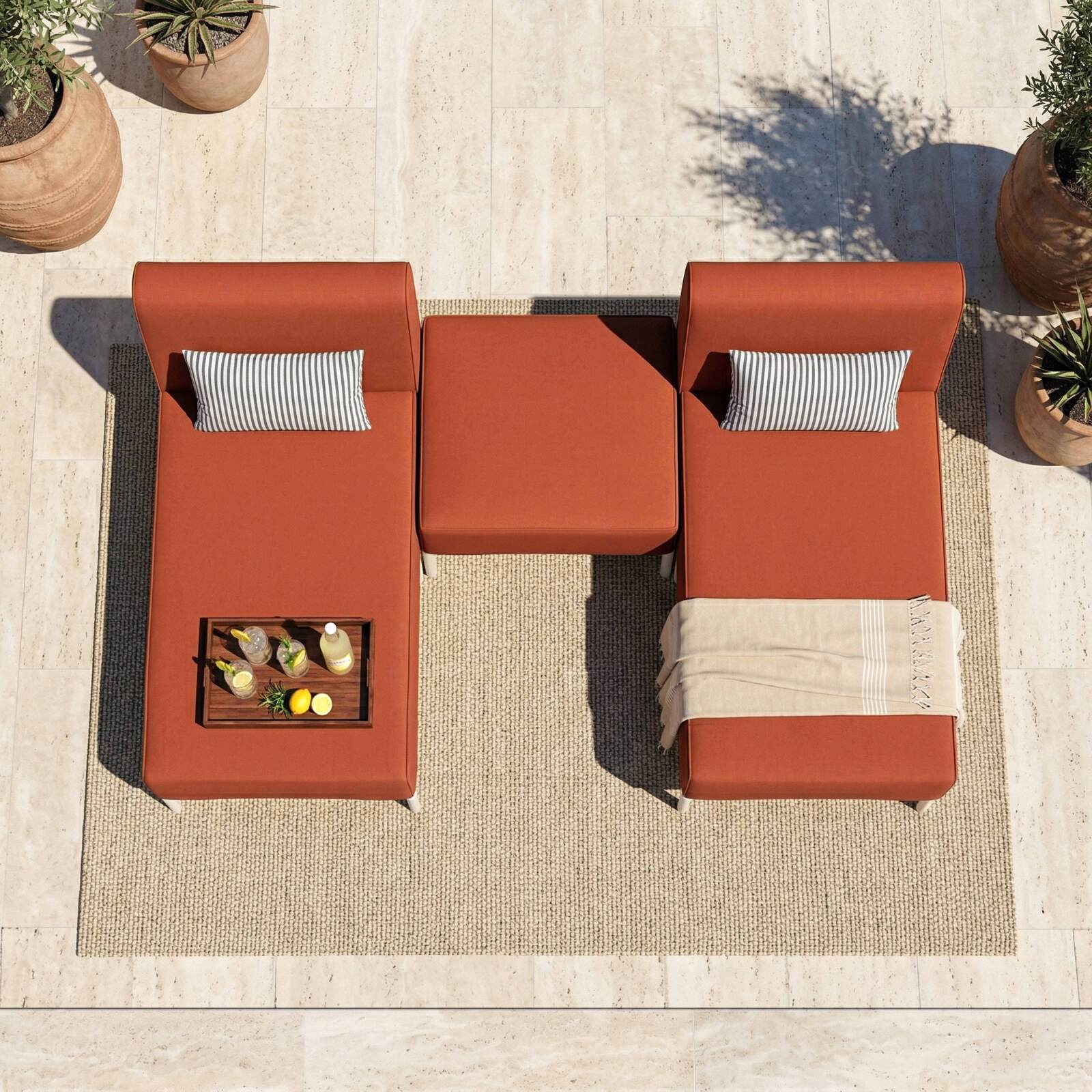 Modulare Gartenmöbel für 2 Personen bestehend aus 2 Chaiselongues und 1 Sitzsack