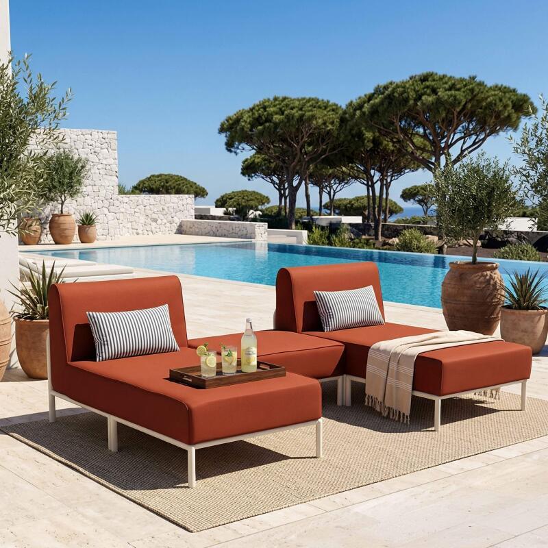 Modulare Gartenmöbel für 2 Personen bestehend aus 2 Chaiselongues und 1 Sitzsack