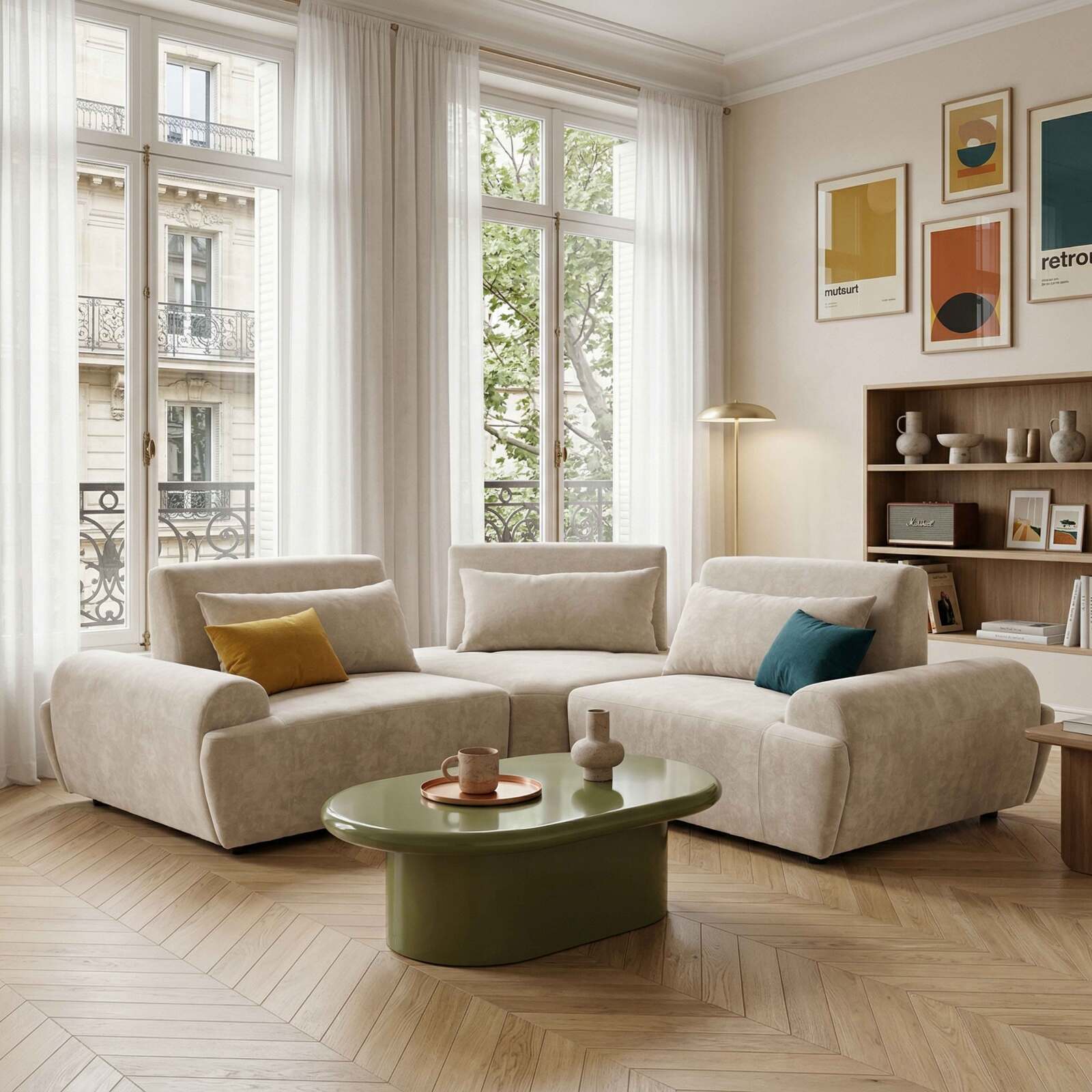 Modulares Ecksofa 3-Sitzer aus Stoff mit Kissen