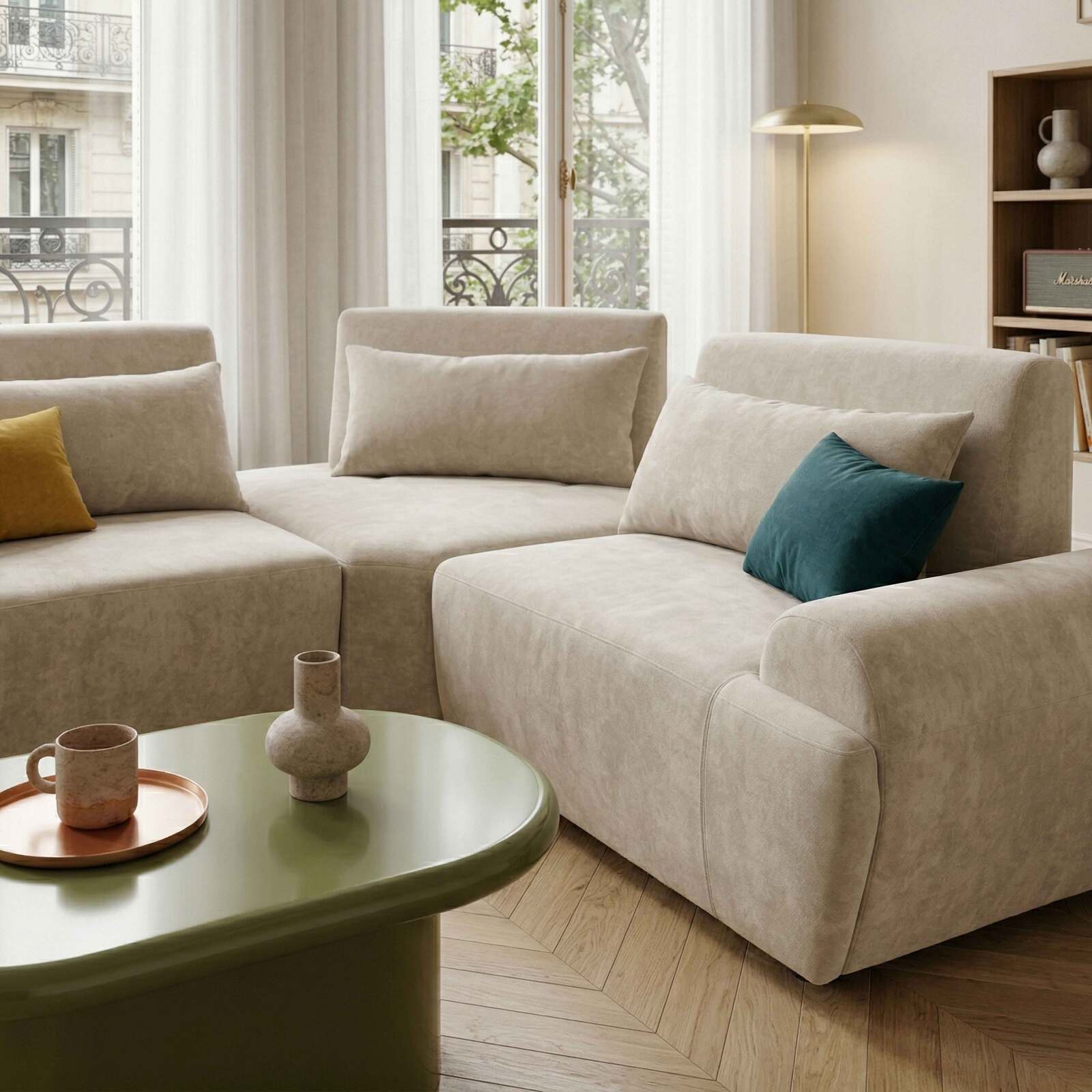 Modulares Ecksofa 3-Sitzer aus Stoff mit Kissen