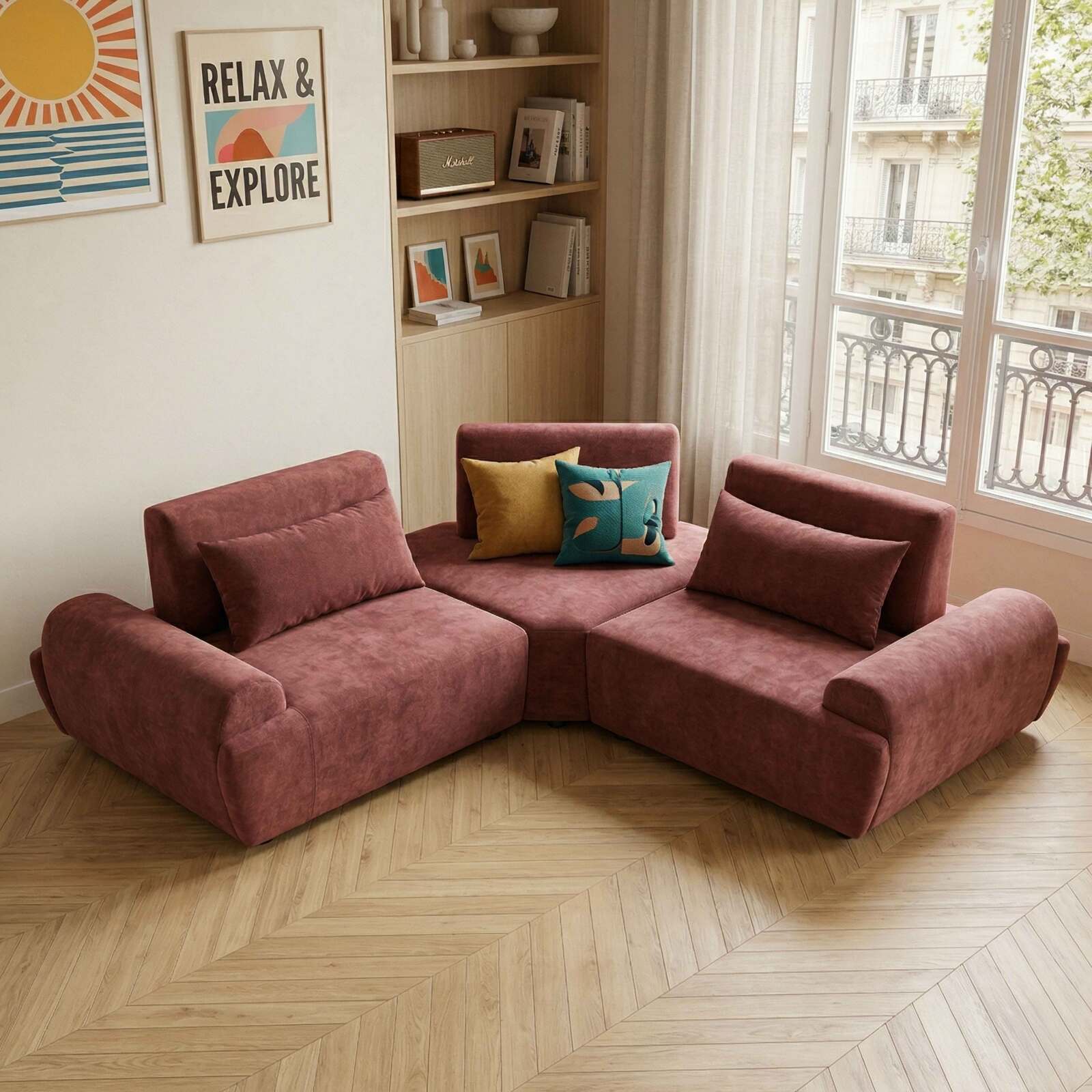 Modulares Ecksofa 3-Sitzer aus Stoff mit Kissen