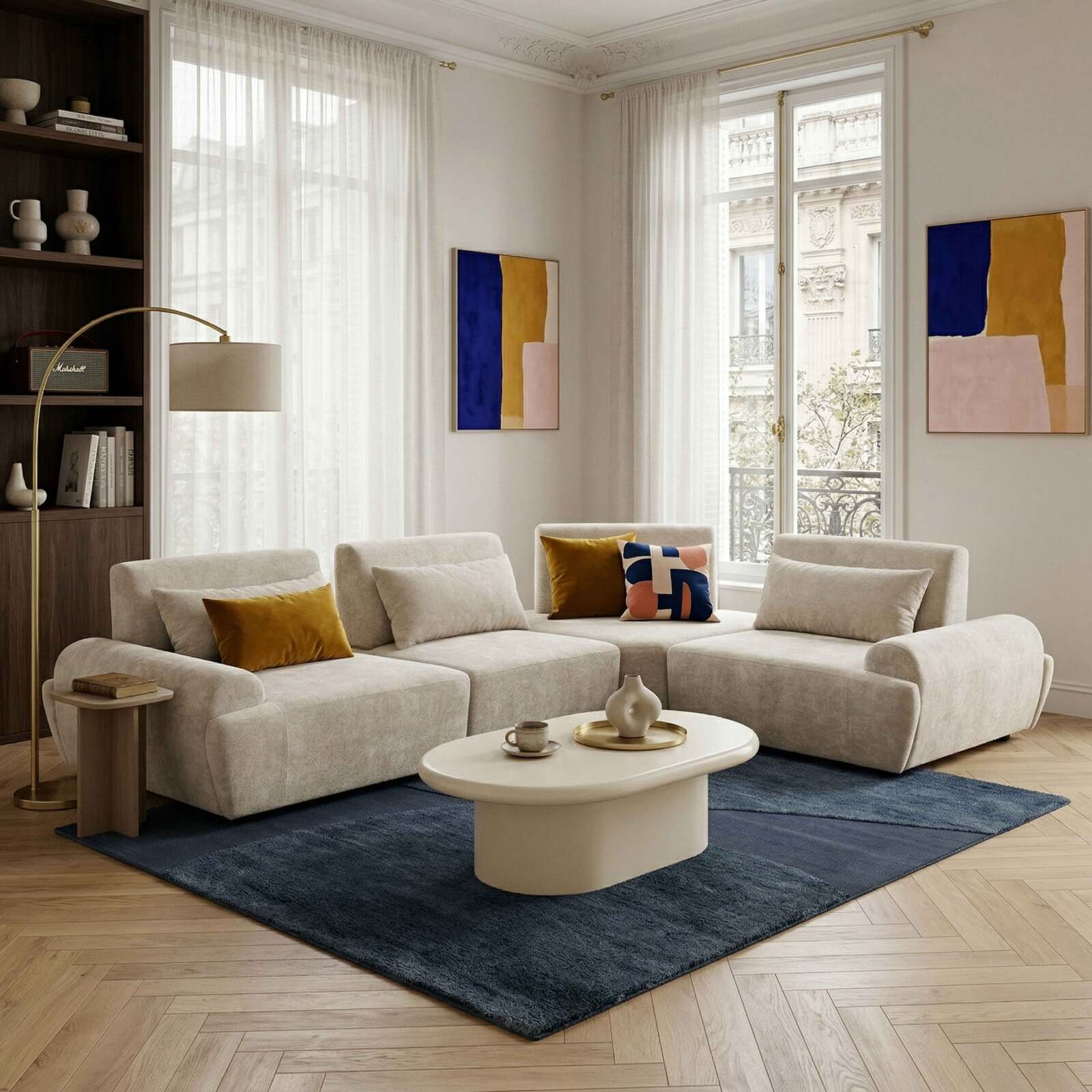 Modulares Ecksofa 4-Sitzer aus Stoff mit Kissen