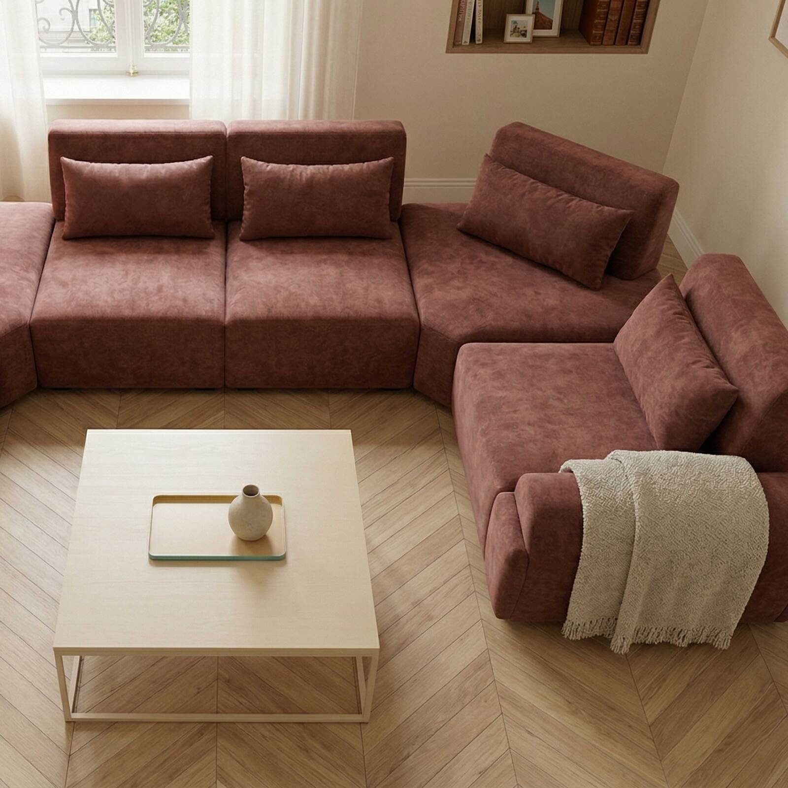 Modulares Ecksofa panorama 6-Sitzer aus Stoff mit Kissen