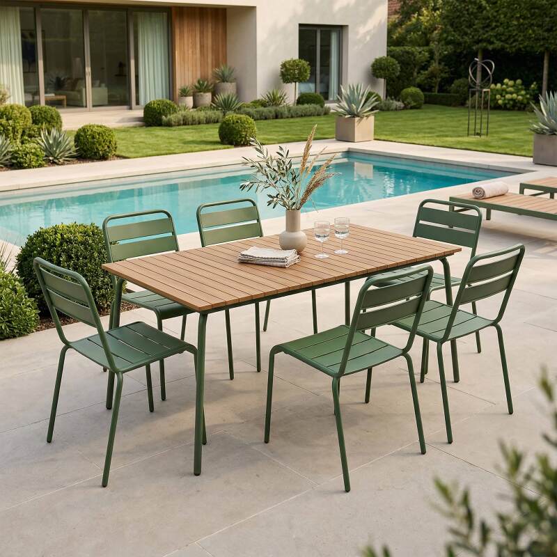 Gartentisch Holzoptik aus Metall und Polywood, 6 Personen, 160x90 cm (5/8)