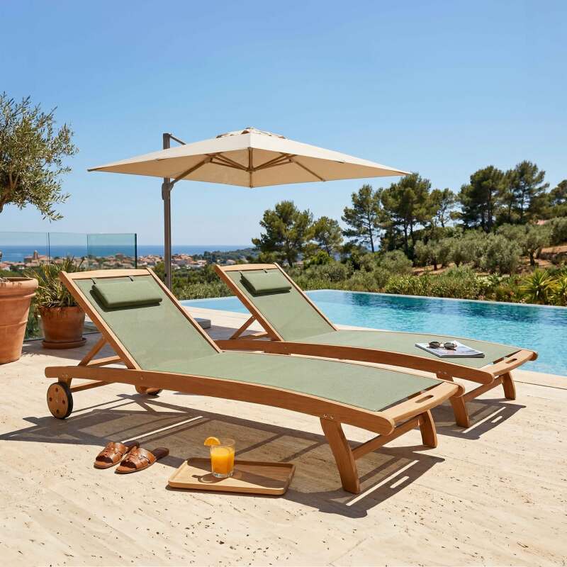 Sonnenliegen aus zertifiziertem Holz neigbar mit Rollen - 2er-Set