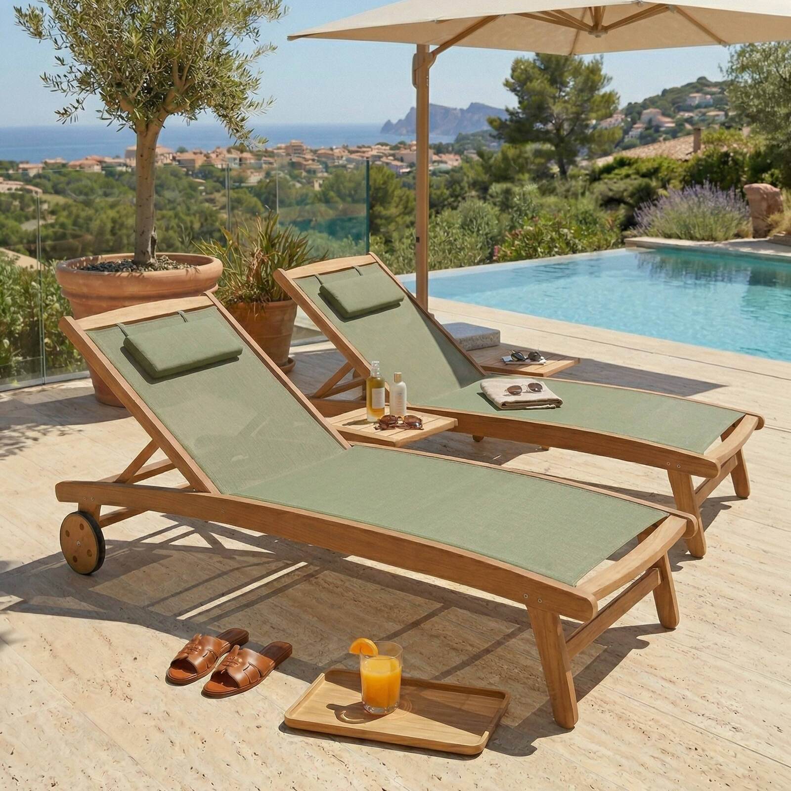 Sonnenliegen aus zertifiziertem Holz neigbar mit Rollen - 2er-Set