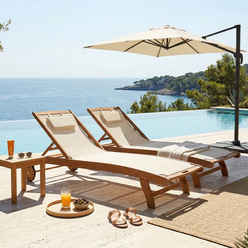 Sonnenliegen aus zertifiziertem Holz neigbar mit Rollen - 2er-Set (5/8)