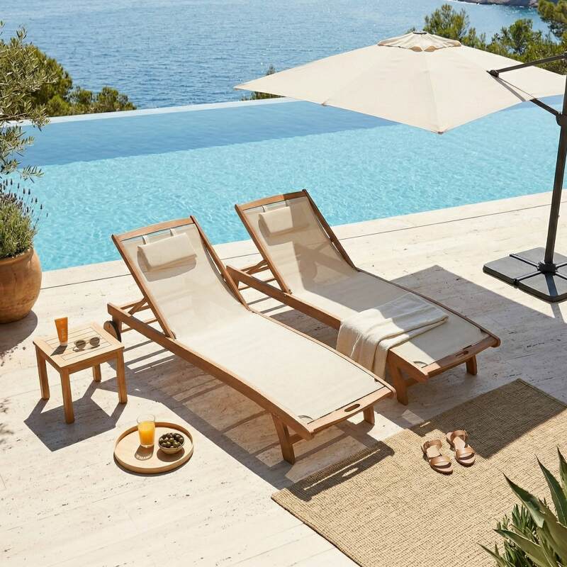 Sonnenliegen aus zertifiziertem Holz neigbar mit Rollen - 2er-Set (6/8)