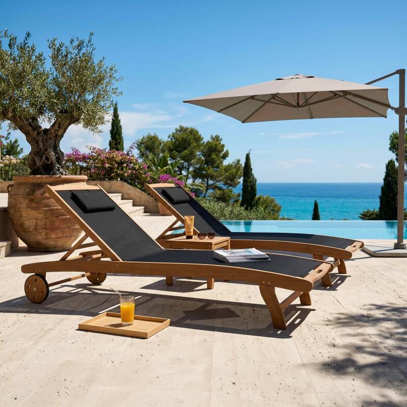 Sonnenliegen aus zertifiziertem Holz neigbar mit Rollen - 2er-Set