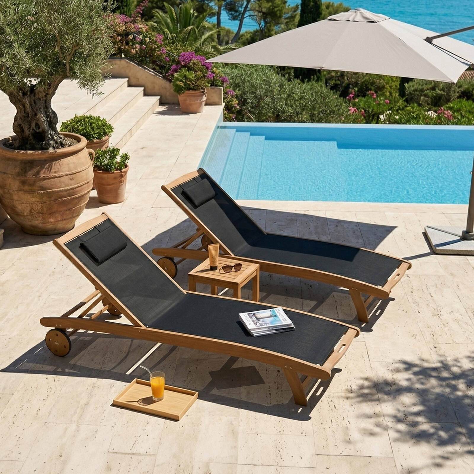 Sonnenliegen aus zertifiziertem Holz neigbar mit Rollen - 2er-Set