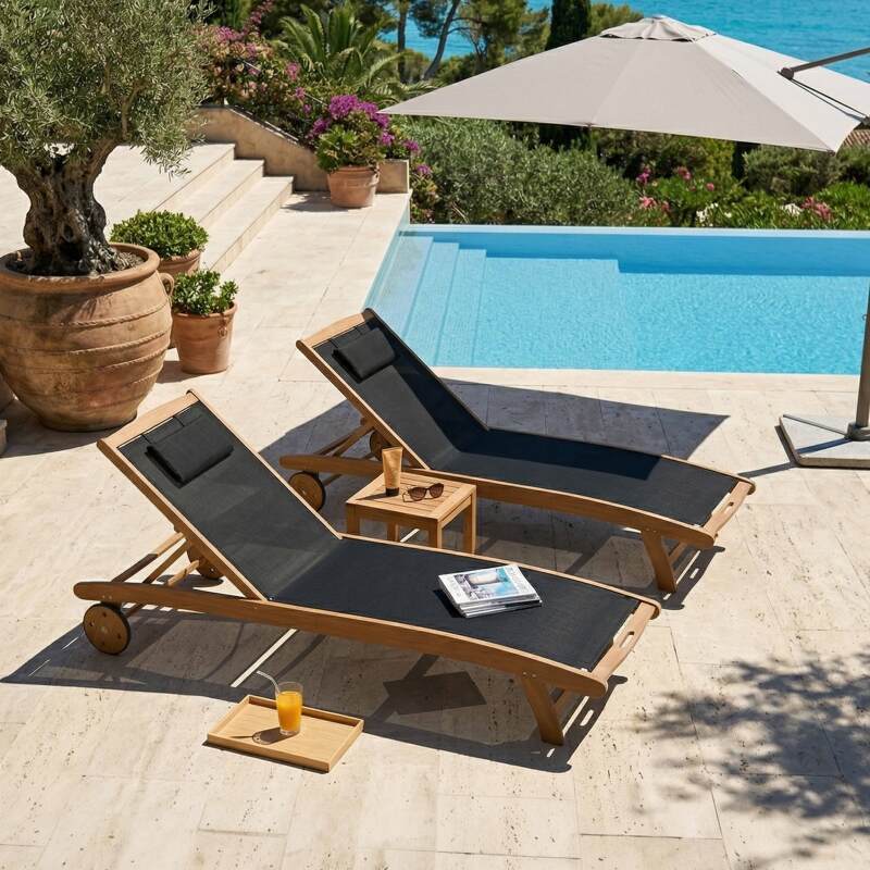 Sonnenliegen aus zertifiziertem Holz neigbar mit Rollen - 2er-Set (2/8)