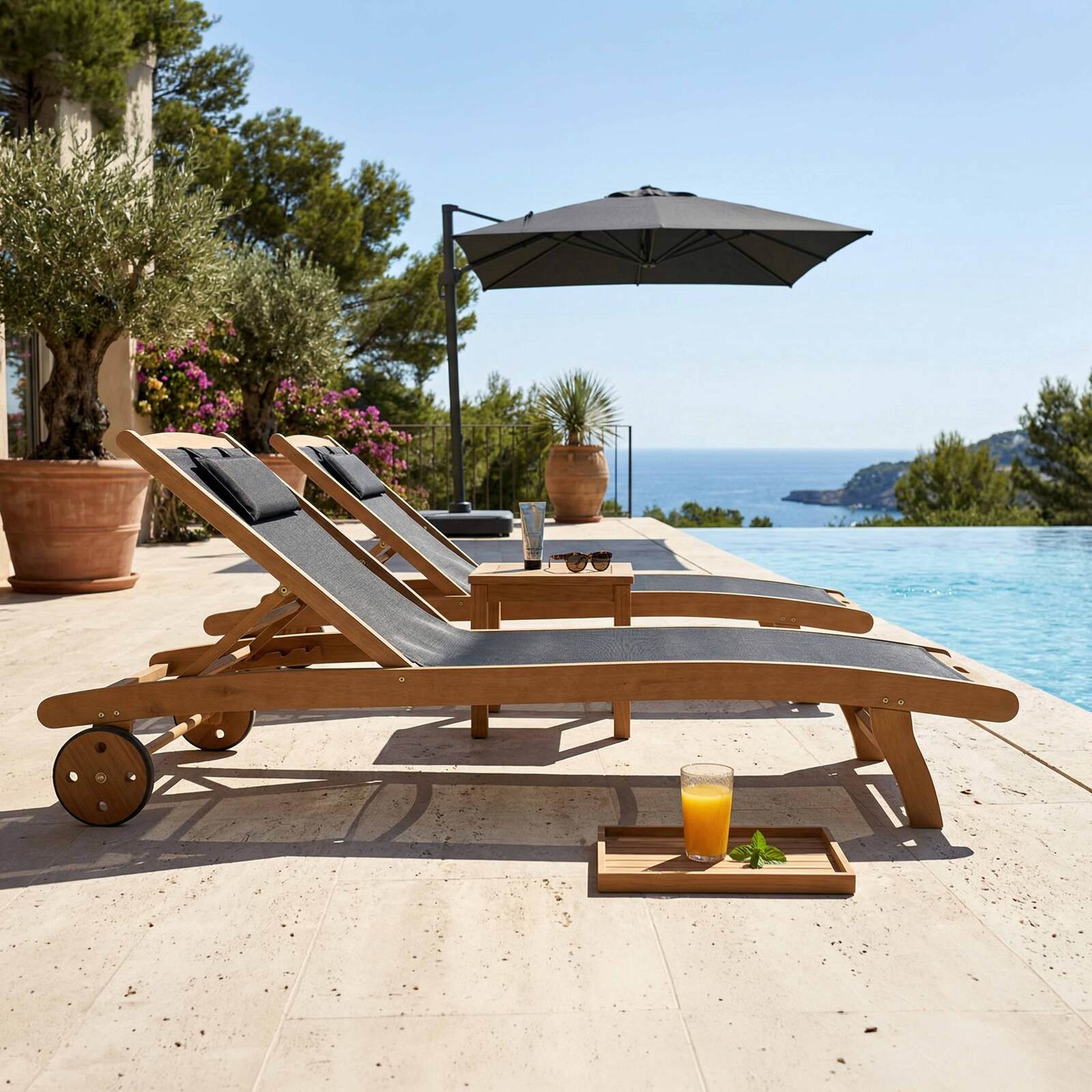 Sonnenliegen aus zertifiziertem Holz neigbar mit Rollen - 2er-Set