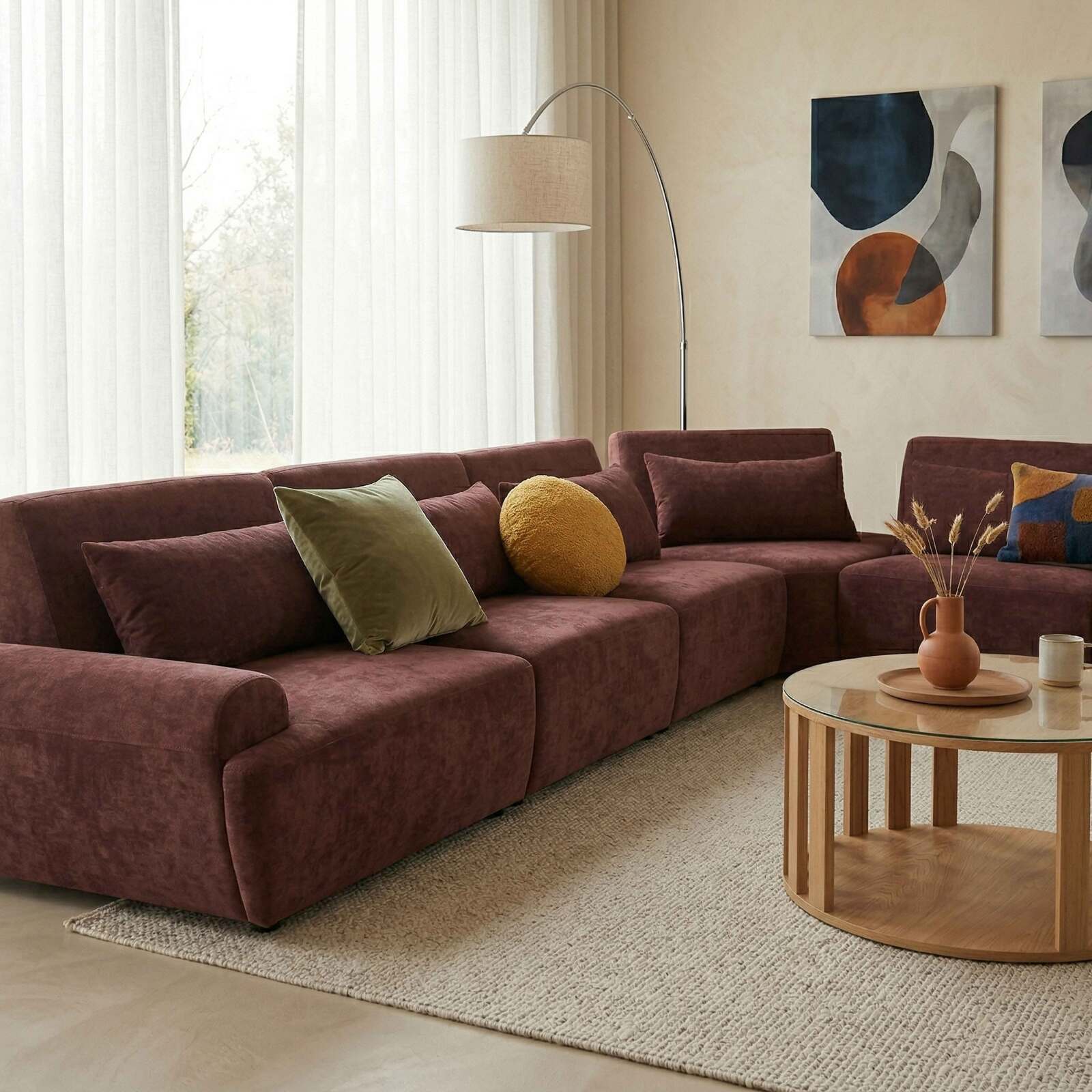 Modulares Ecksofa 7-Sitzer aus Stoff mit Kissen
