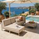 Modulare Gartenmöbel für 4 Personen bestehend aus 1 Sessel, 1 Ecksessel, 1 Chaiselongue und 1 Sitzsack im gestreiften Design